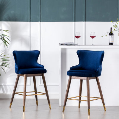 Blue Counter Height Wingback Stools, Of 2, Thick Foam Padding, Upholstered In Fabric, Mid-Century Inspired With Walnut, Metal, And Gold-Tone Finish Stools   2 , Upholstery, Tapered Legs Metal