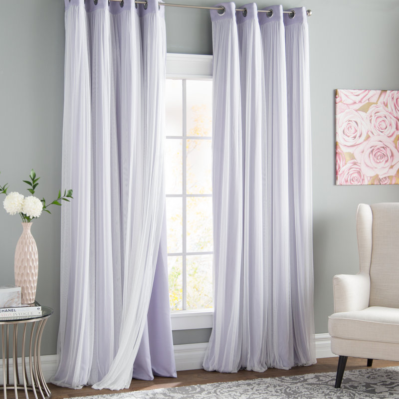Fortuna Brockham Solid Tulle Overlay Room Darkening Grommet Curtain Panels, 52" W x 63" L, Light Gray