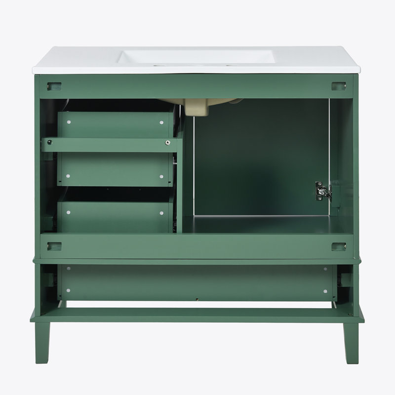 36" Bathroom Vanity with Solid Pine Frame, 1 Soft Close Door and 3 Drawers , Modern Storage Cabinet, Green
