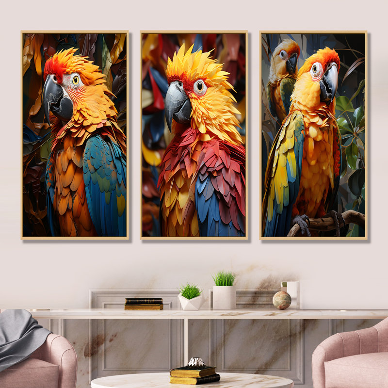 «Yellow Parrots Golden Conversations», ensemble de 3 reproductions d'art sur toile, Cadre flottant brun, H 28 po x l 36 po