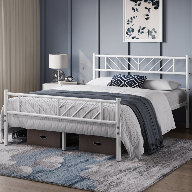 Minimalist Metal Slatted Bed Platform with Arrow Design Headboard, White, Double (4'6)