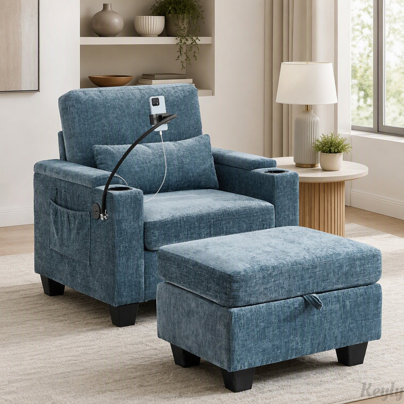 Canapé inclinable manuel avec chargement USB et repose-pieds avec rangement, Chenille bleu