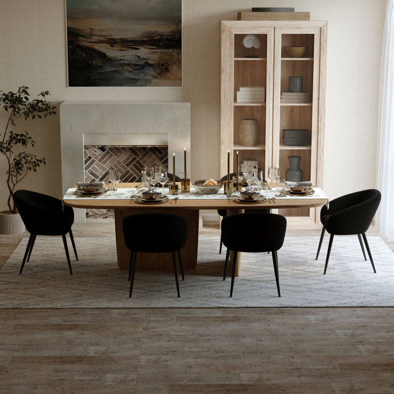 Boucle Modern Dining Chair Set, Black, Black