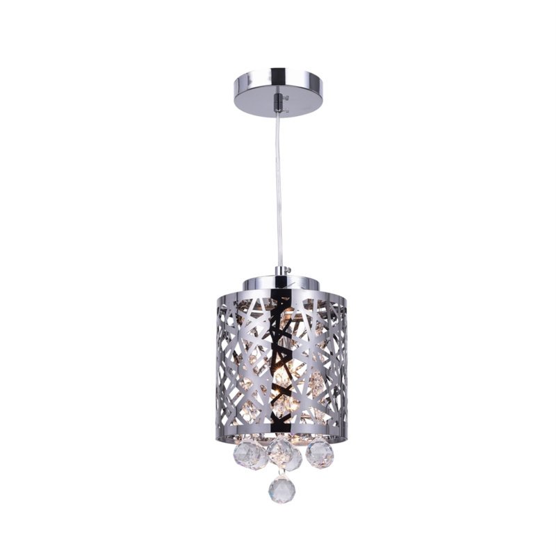 6" 1-Light Mini Pendant for Kitchen Island, Breakfast Nook, Bar – Chrome Drum Shade with Crystal Beads – Modern Glam Chandelier