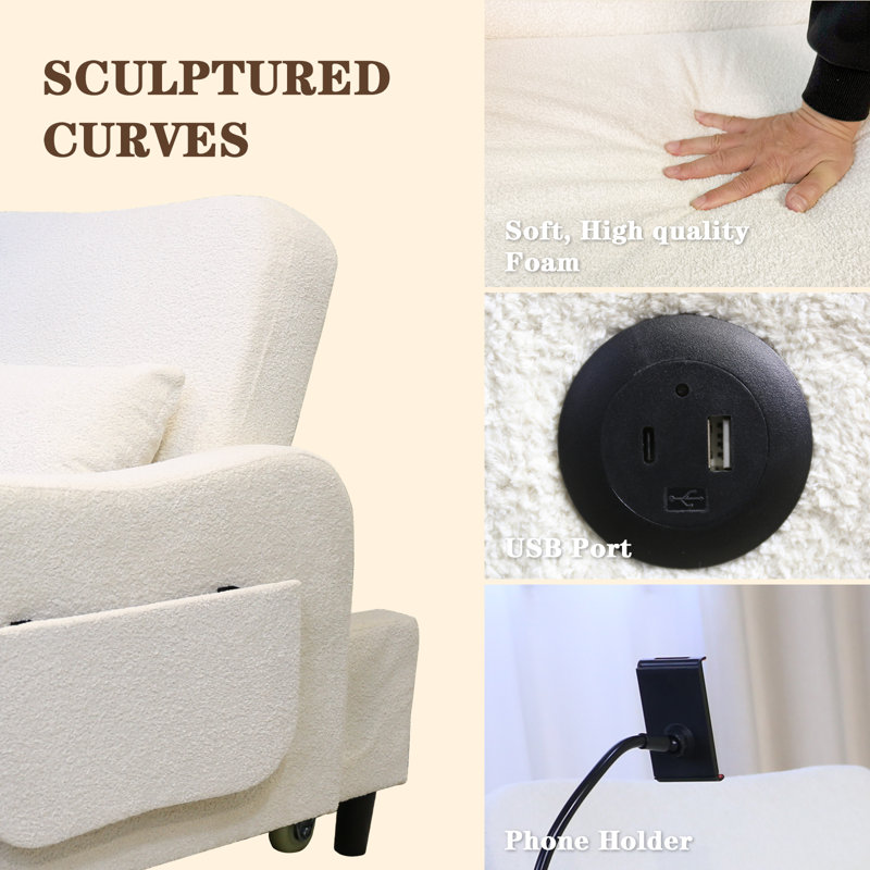 Siège souple 34 W à 180 ° avec charge USB et support pour téléphone, petite chaise de chambre à coucher, fauteuil d'appoint beige