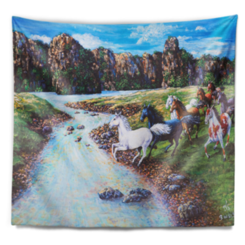 Tapisserie Chevaux traversant le ruisseau, H 32 po x l 39 po