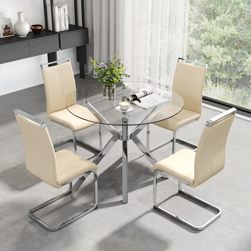 Ensemble de table de salle à manger moderne en verre avec chaises rembourrées en polyuréthane 4/6, pieds chromés argentés / noirs / dorés