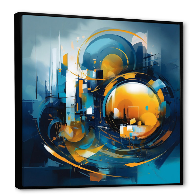 Nikit, pierre fluide bleue et jaune I sur toile, H 24 po x l 24 po x P 1 po, Cadre flottant noir