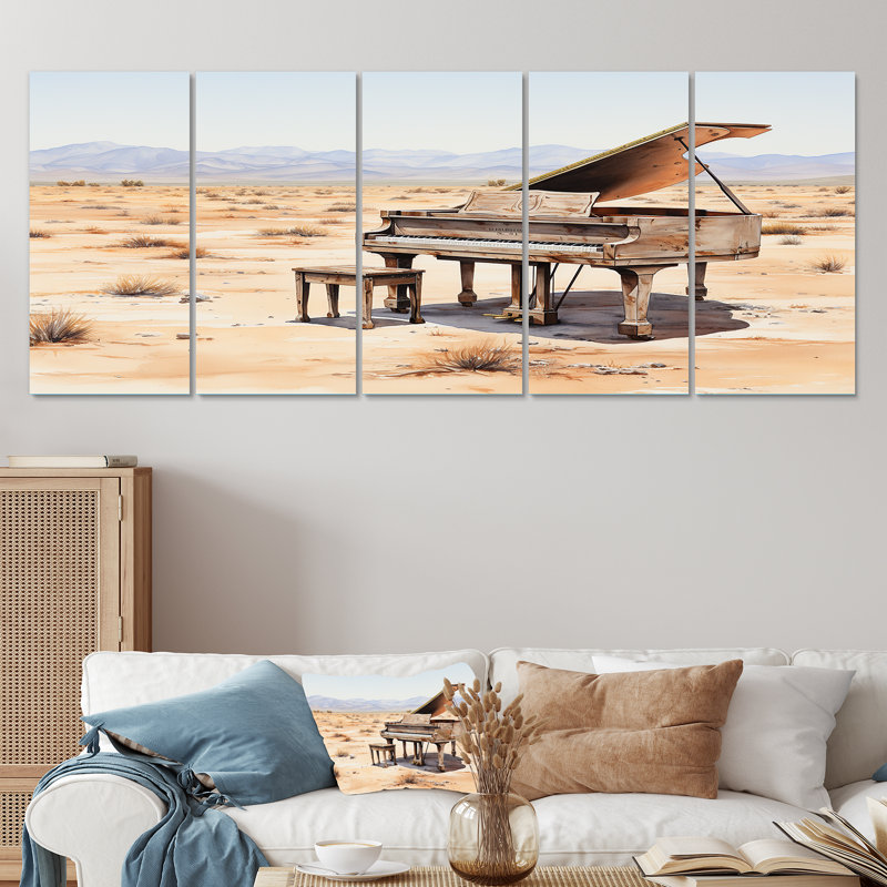 «Watercolor Desert Piano Grace II - Music Piano», ensemble de 5 pièces d'art mural, H 28 po x l 60 po