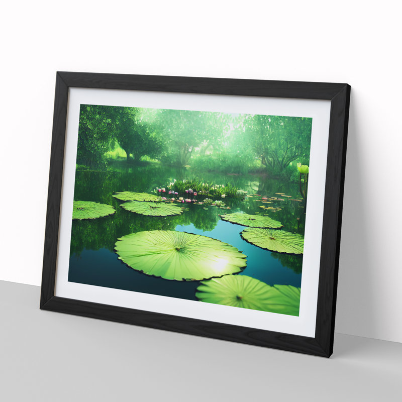 Blissful Water Lily Pond - Single Picture Frame Print, Black, 25cm H x 34cm W x 2cm D