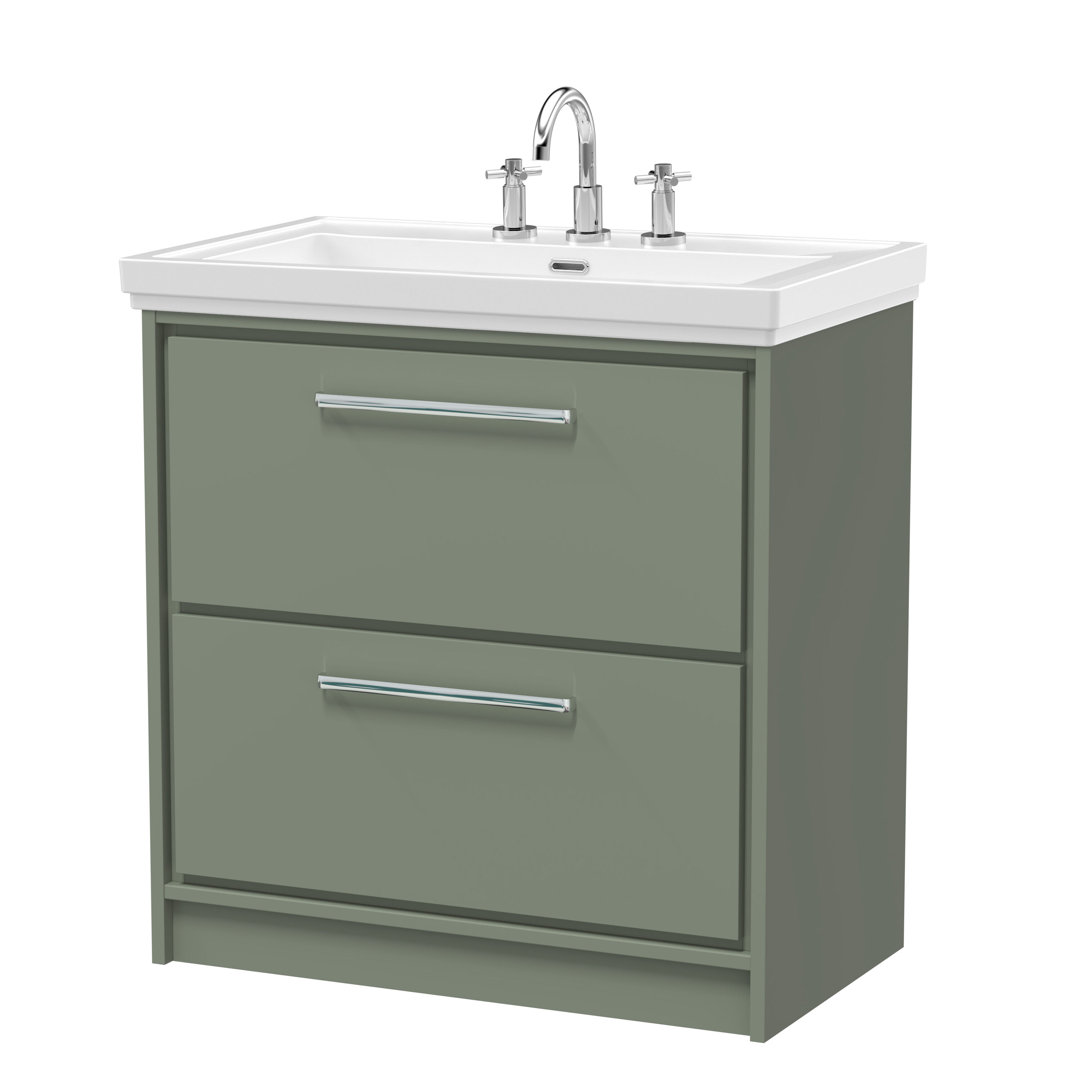 Hudson Reed Lille 600mm Fern Green 2 Drawer Floor Standing Vanity Unit With 3 Tap Holes Fireclay Basin