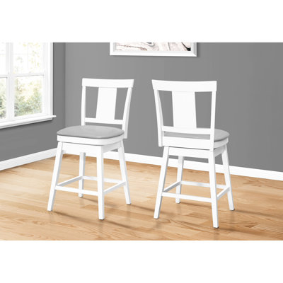 2pcs Bar Stools, Counter Height, White Wood With Grey Leather Look, Supportive Footrests, Comfortable Seating Of 2 Swivel Base, Leather-like Seat Covering, Elegant