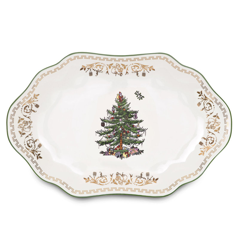 Plat ovale moyen arbre de Noël Spode (blanc / or)