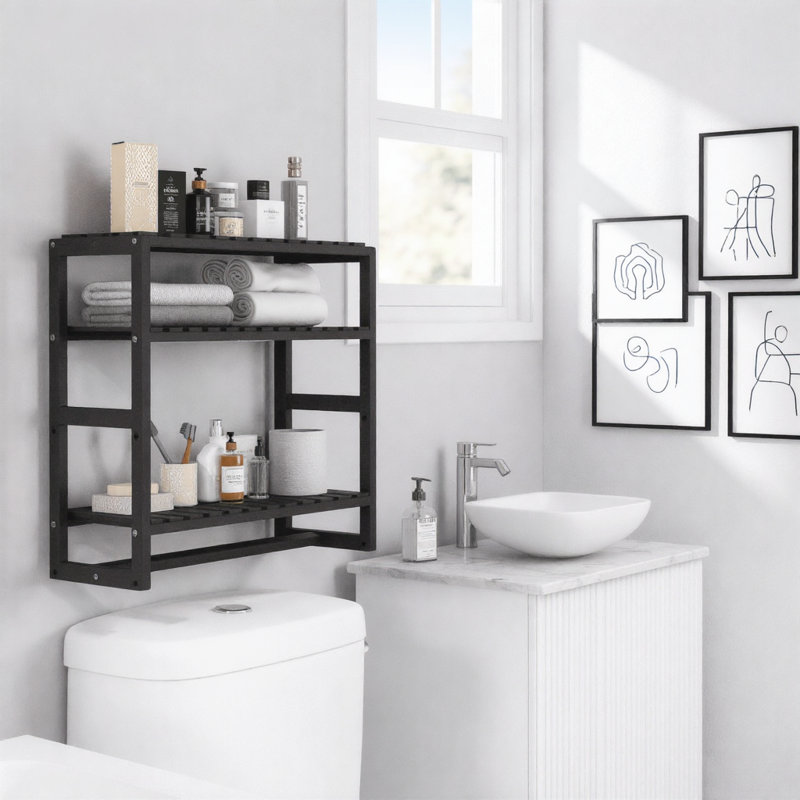 Black Adjustable Three‑Tier Bamboo Floating Shelf With Hanging Rod Above Toilet For Bathroom Storage And Towel Hanging