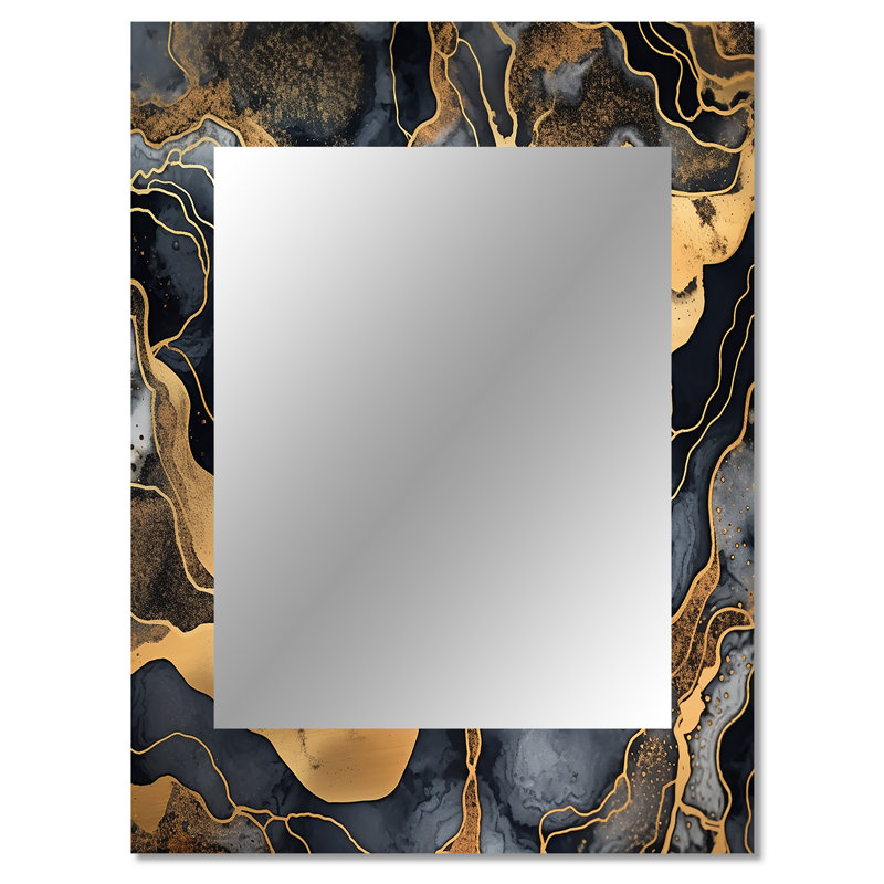 Or et marbre gris scintillant galaxies IV - miroir mural fractal, miroir décoratif moderne, impression d'art en métal