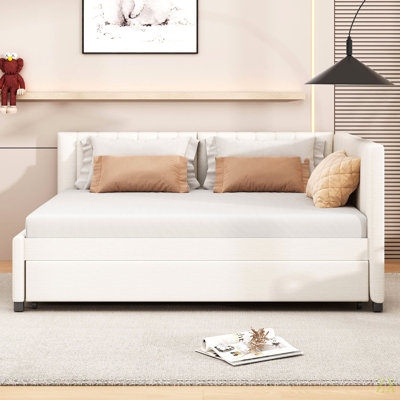 Full Size Upholstered Daybed With Trundle Sofa Bed Frame No Box Spring Needed, Linen Fabric