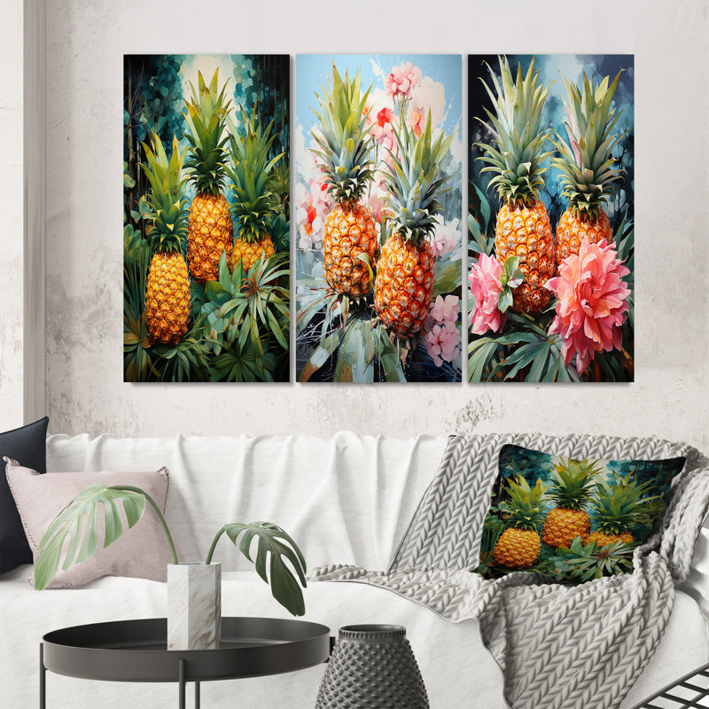 «Pineapples Tropical Dots», 3 pièces sur toile, H 28 po x l 36 po, Toile tendue