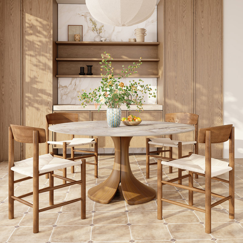 Aurora 47‘’/53‘’/59‘’ Farmhouse Round Sintered Stone Dining Table - Sculptural Solid Hardwood Pedestal For 4-8