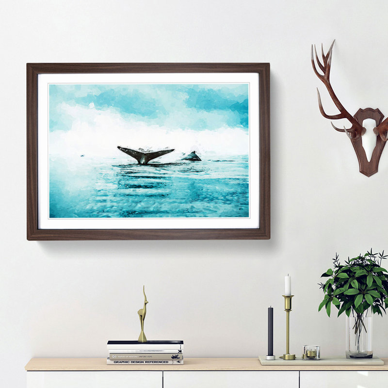 Two Humpback Whales in Abstract - Picture Frame Graphic Art Print, 27cm H x 36cm W x 2cm D, Walnut Framed