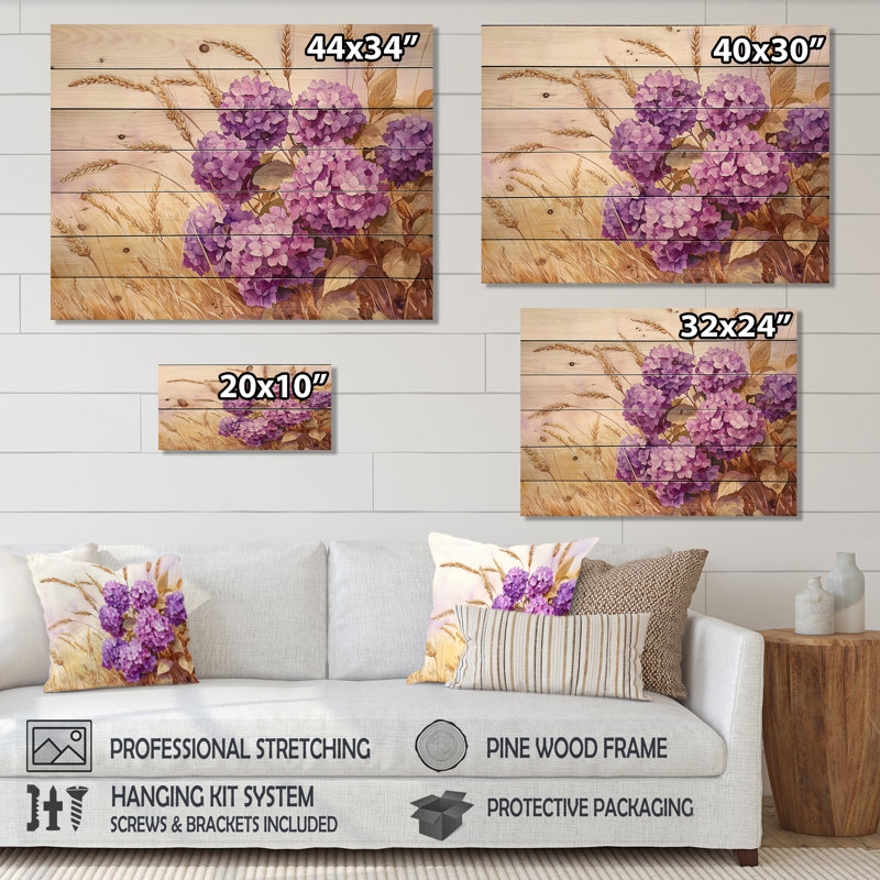 Hortensias dans la récolte de blé III - décoration murale en bois d'hortensias - sur bois de pin naturel, H 10 po x l 20 po