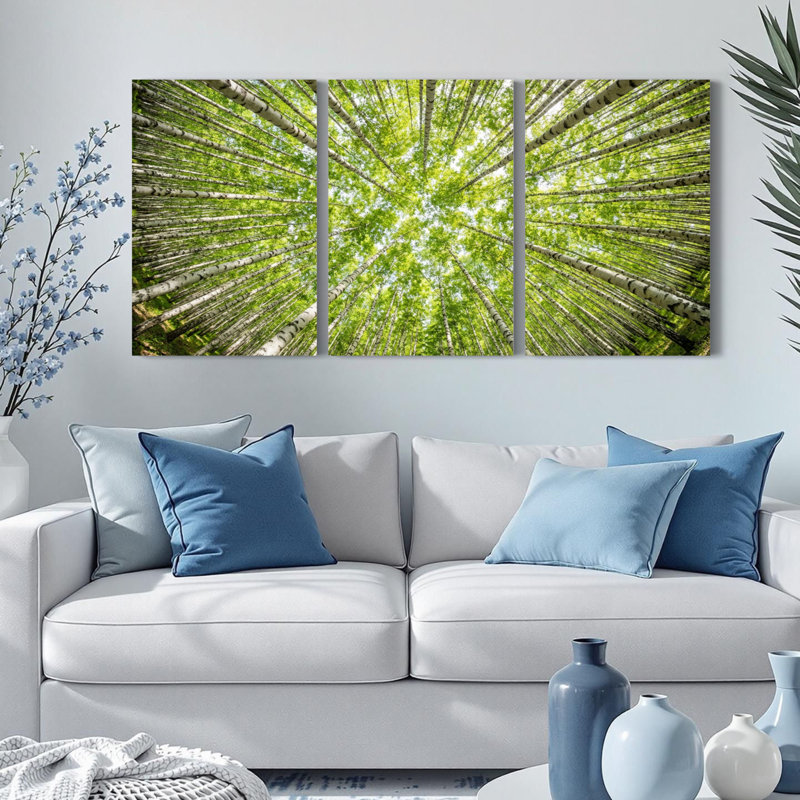 Ensemble de 3 tableaux sur toile tendue représentant un paysage naturel sous la canopée d'une forêt de bouleaux, 2030