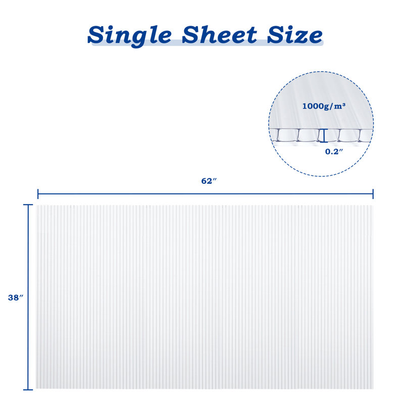 6 PCS Polycarbonate Panels, 0.5cm H x 157.5cm W x 96.5cm D, Clear