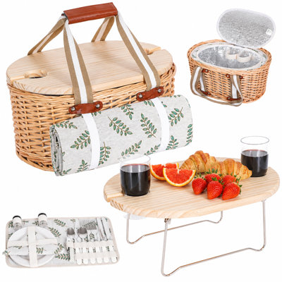 Picnic Basket Set For 2 With Waterproof Blanket, Folding Wine Table & Cutlery Kits
