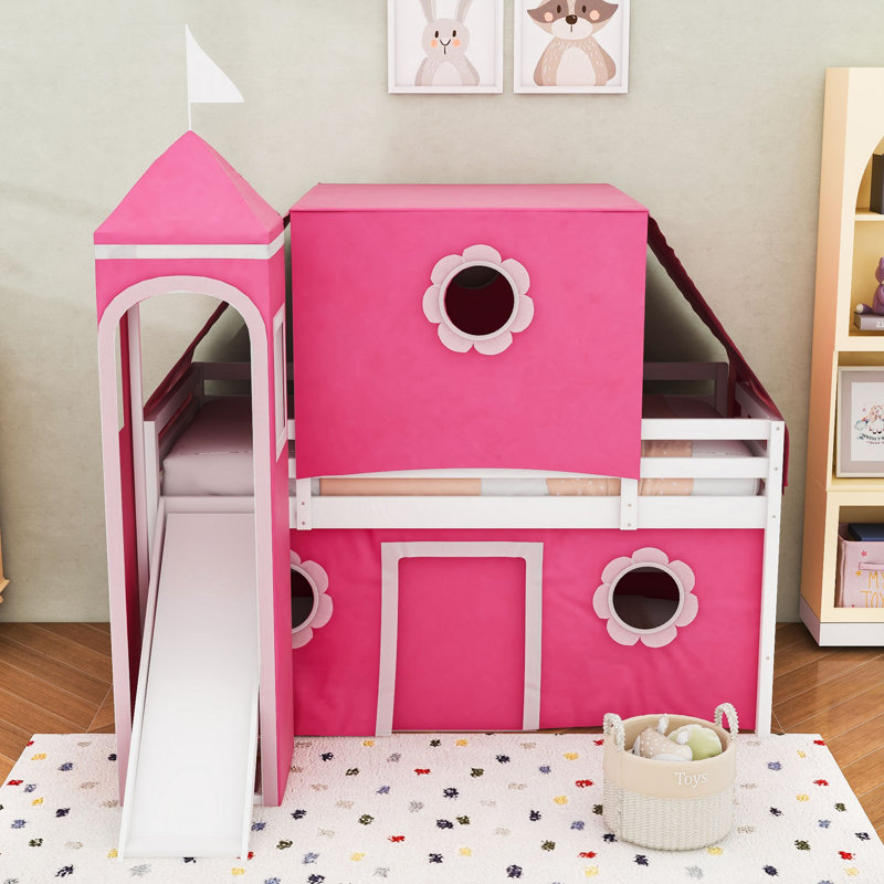 Castle-Themed Twin Wooden Loft Bed With Versatile Slide, Ladder, Tower And Tent, Pink