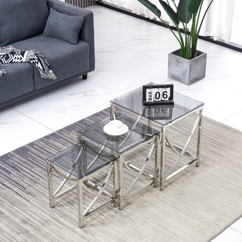 Darrie Stainless Steel Nesting Tables With Tempered Glass Top Set of 3 For Living Room (Curve), Chrome/Black Grey