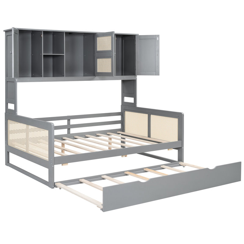 Lit de jour pleine grandeur en bois avec lit gigogne et armoire, tablette en gris, lit gigogne simple robuste, armoire et tablette, cadre gris