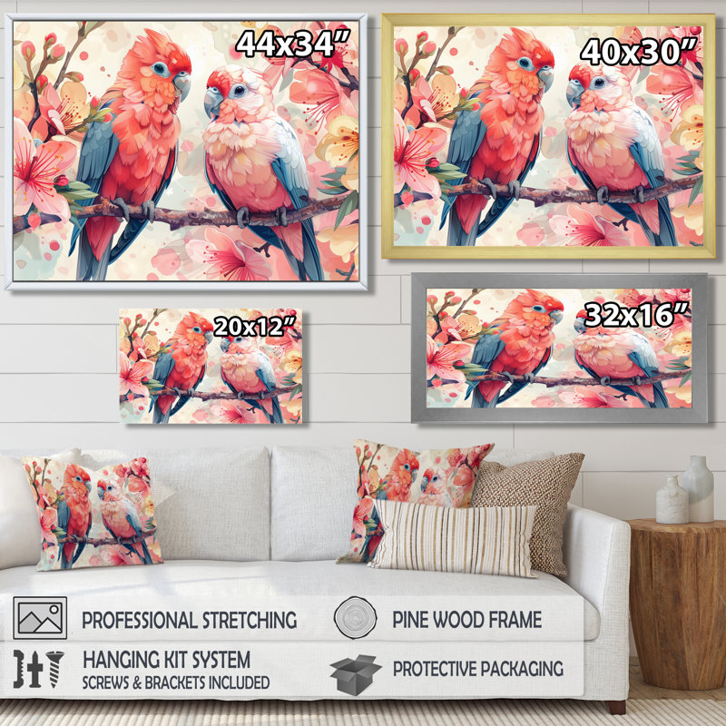 Rose, vert, perroquet, oiseaux amoureux I - perroquet, art mural, salon, Toile encadrée noire simple
