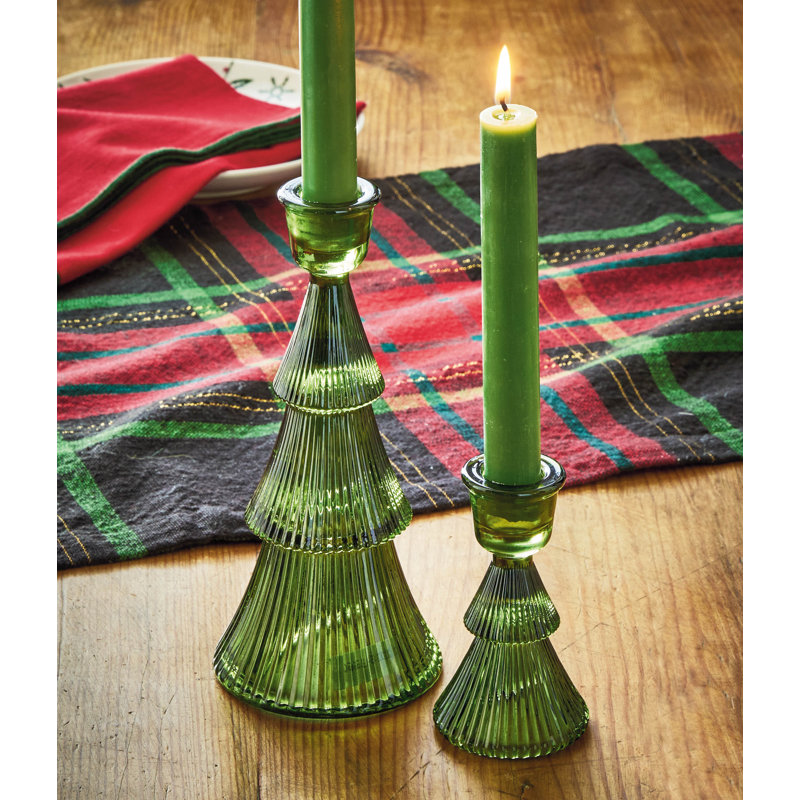  Glass Ribbed Tree Taper Candle Holder Small , 7.5" H x 3.5" W x 3.5" D, Green