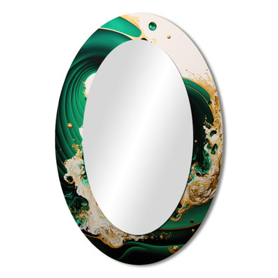 Emerald Green And Gold Abstract Waves I - Green Oval Wall Mirror Decor