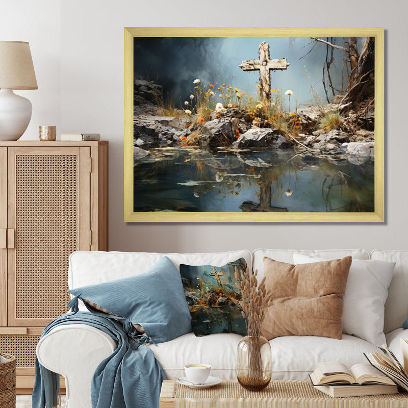 Paysage de croix religieuse, reflet divin I, Cadre doré à une seule photo, H 34 po x l 44 po x P 1,5 po
