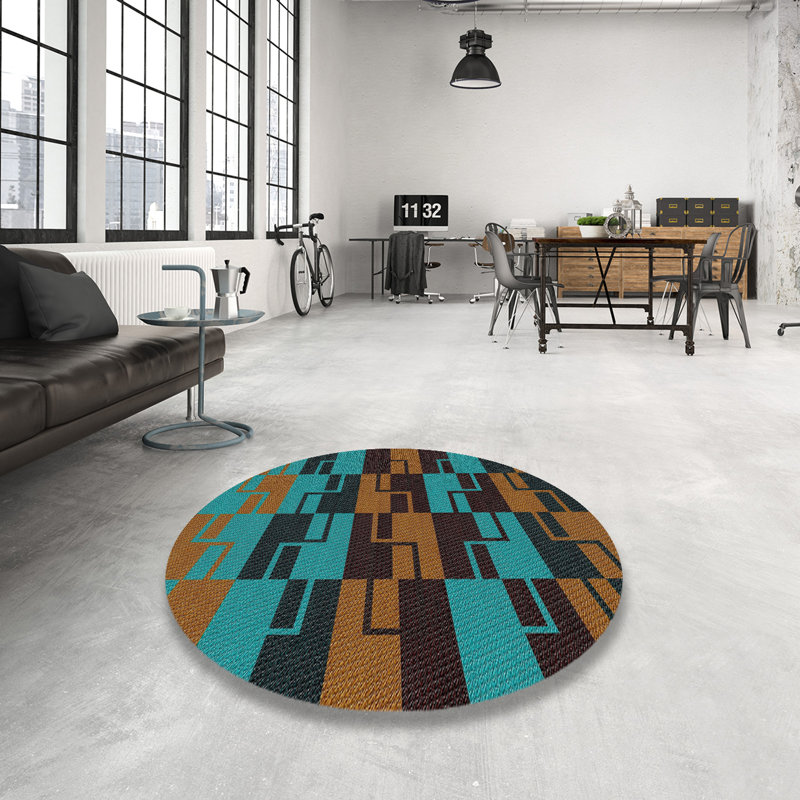 Tapis vert/brun à motifs, Rond 5 pi