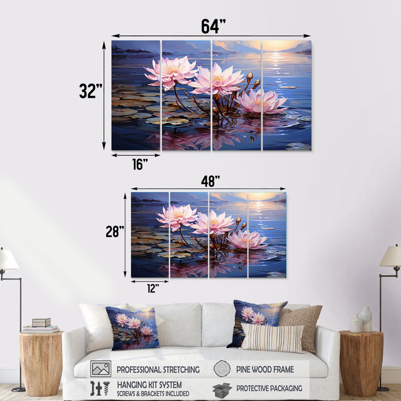 «Riverside Blooms Flowers On River II», ensemble d'art mural 4 pièces, H 28 po x l 48 po