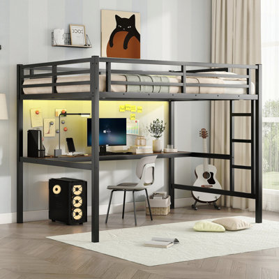Metal Twin XL Size Loft Bed  With Power Outlet And LED Lighted, Space-Saving, Noise Reduced