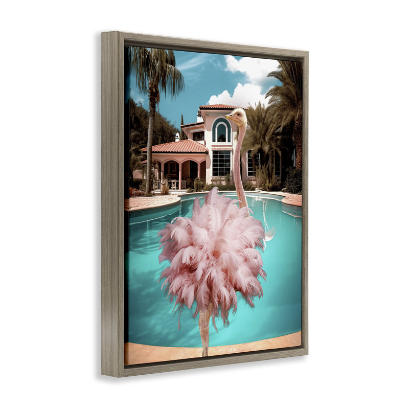 Art mural en toile d'autruche rose à plumes par Ziwei Li, Cadre flottant orme Montalcino, H 31 po x l 25 po x P 1,7 po