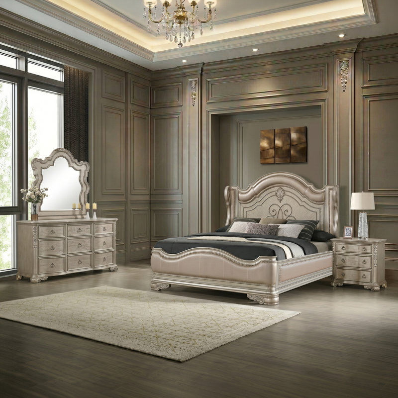 Mcgrath King 4 pièces champagne, Ensemble de quatre pièces : lit, commode, miroir, Très grand lit