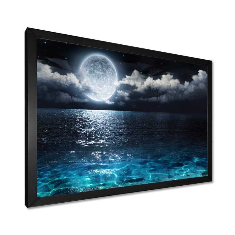 Pleine lune romantique au-dessus de la mer - impression, Cadre photo noir, H 24 po x l 32 po