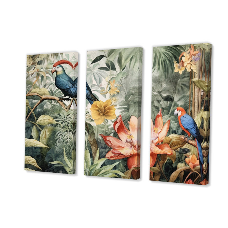 Perroquet au paradis II sur toile, reproduction de 3 pièces, H 28 po x l 36 po x P 1 po