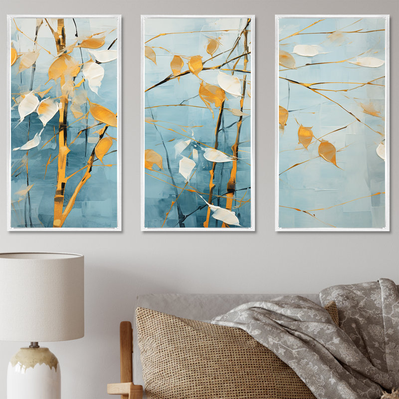 Ensemble de salon mural en bambou bleu et doré Minimalisme I, Cadre flottant blanc, H 32 po x l 48 po x P 1 po