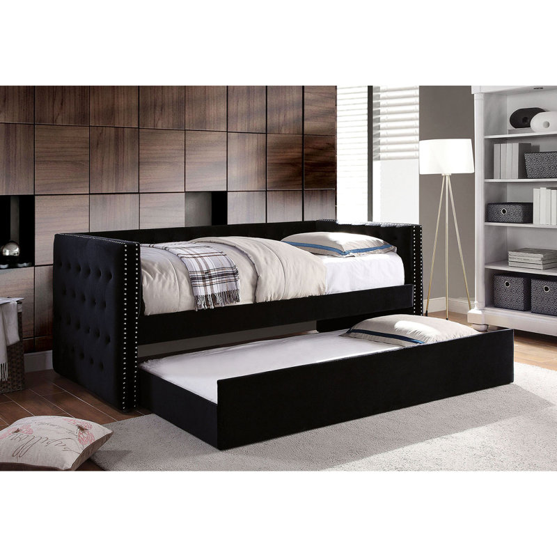 Black Padded Daybed With Trundle, Transitional Style, Flannelette Upholstery, Button , Design, Nailhead Trim, Slat Kit - Fashion,