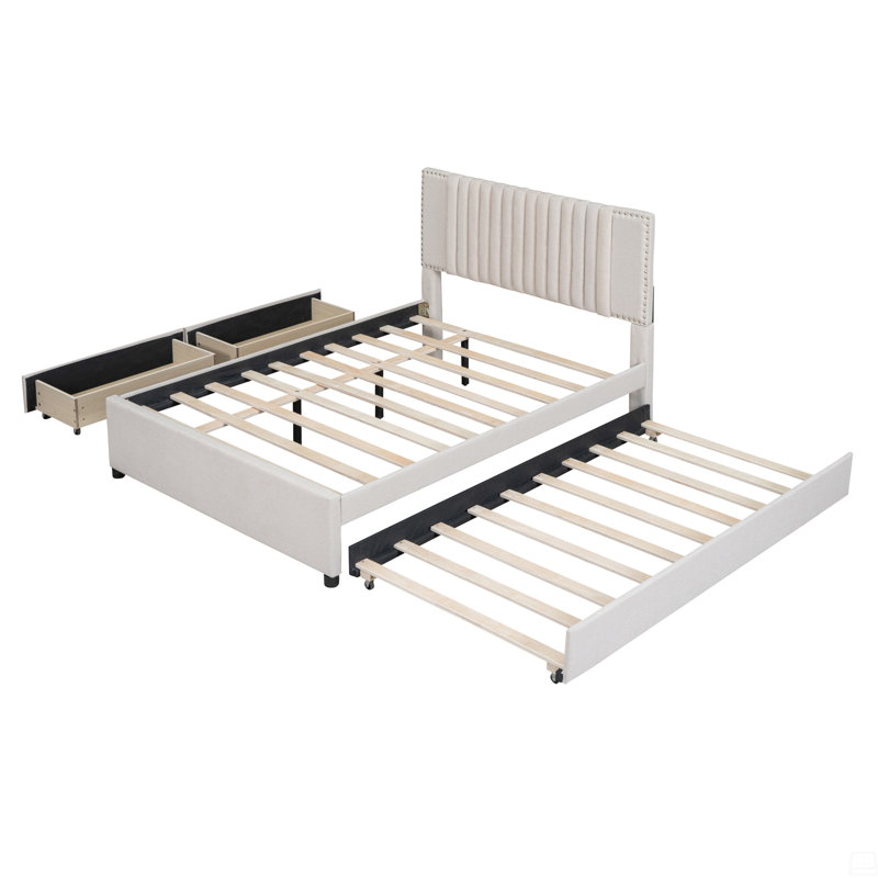 Full Size Upholstered Platform Bed With 2 Drawers And 1 Twin Size Trundle