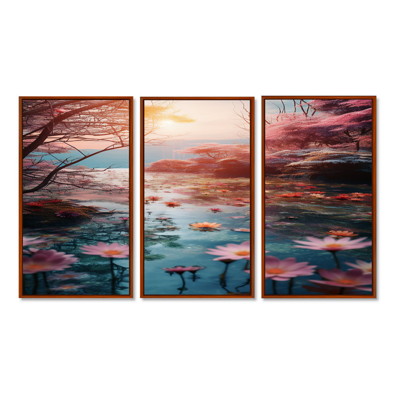 Rivière rose avec fleurs de lotus rose - lotus, Cadre flottant brun, H 28 po x l 36 po x P 1 po