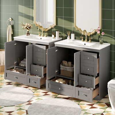 Ensemble de meuble-lavabo autoportant à double cuve 72 "avec double vasque en céramique et tiroirs à fermeture en douceur Caraway