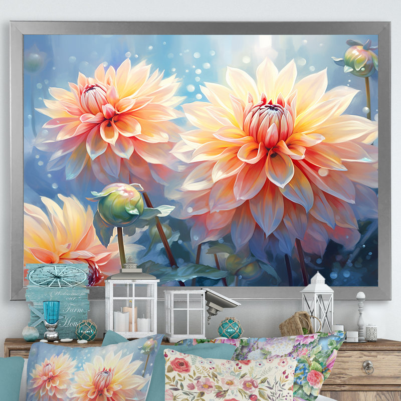 Rêves de dahlia moderne corail et bleu, Cadre simple argenté, H 16 po x l 32 po x P 1 po