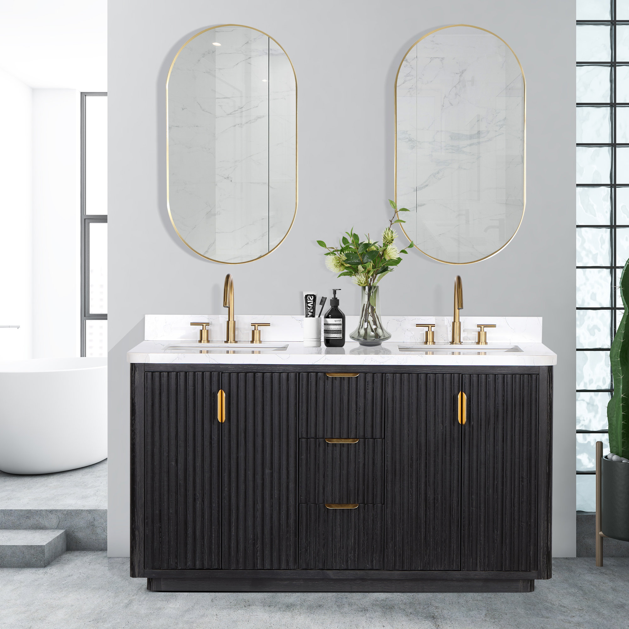 Adela 60'' Double Bathroom Vanity, Gold, White, Black