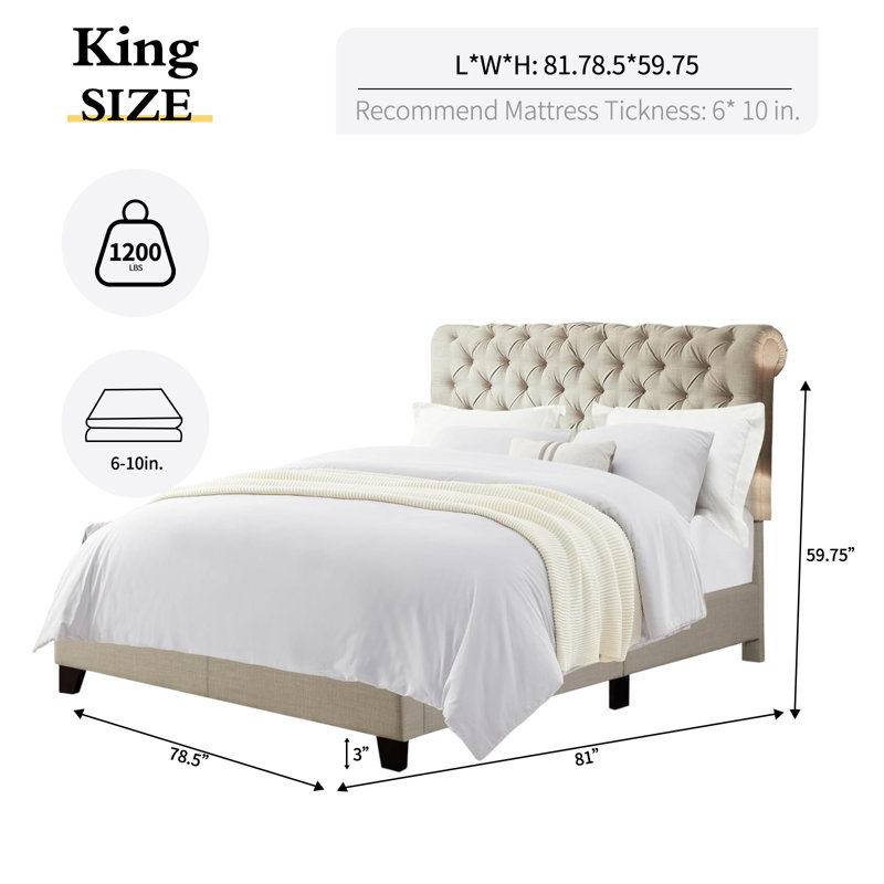 Winston Porter Fabric Upholstered Bed Frame with Adjustable Headboard, Beige, King