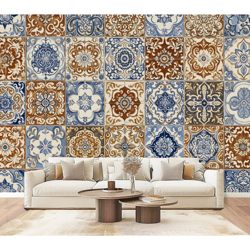 Murale auto-adhésive moderne à motif floral bleu-brun l 96 po x H 69 po Peel and Stick, L 96 po x l 69 po